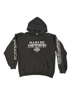 Harley-Davidson Black Hooded Sweatshirt with White Logo and Sleeve Text